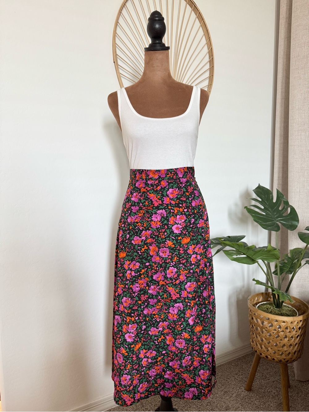 SHEIN Black Maxi Skirt with Pink & Orange Floral Print